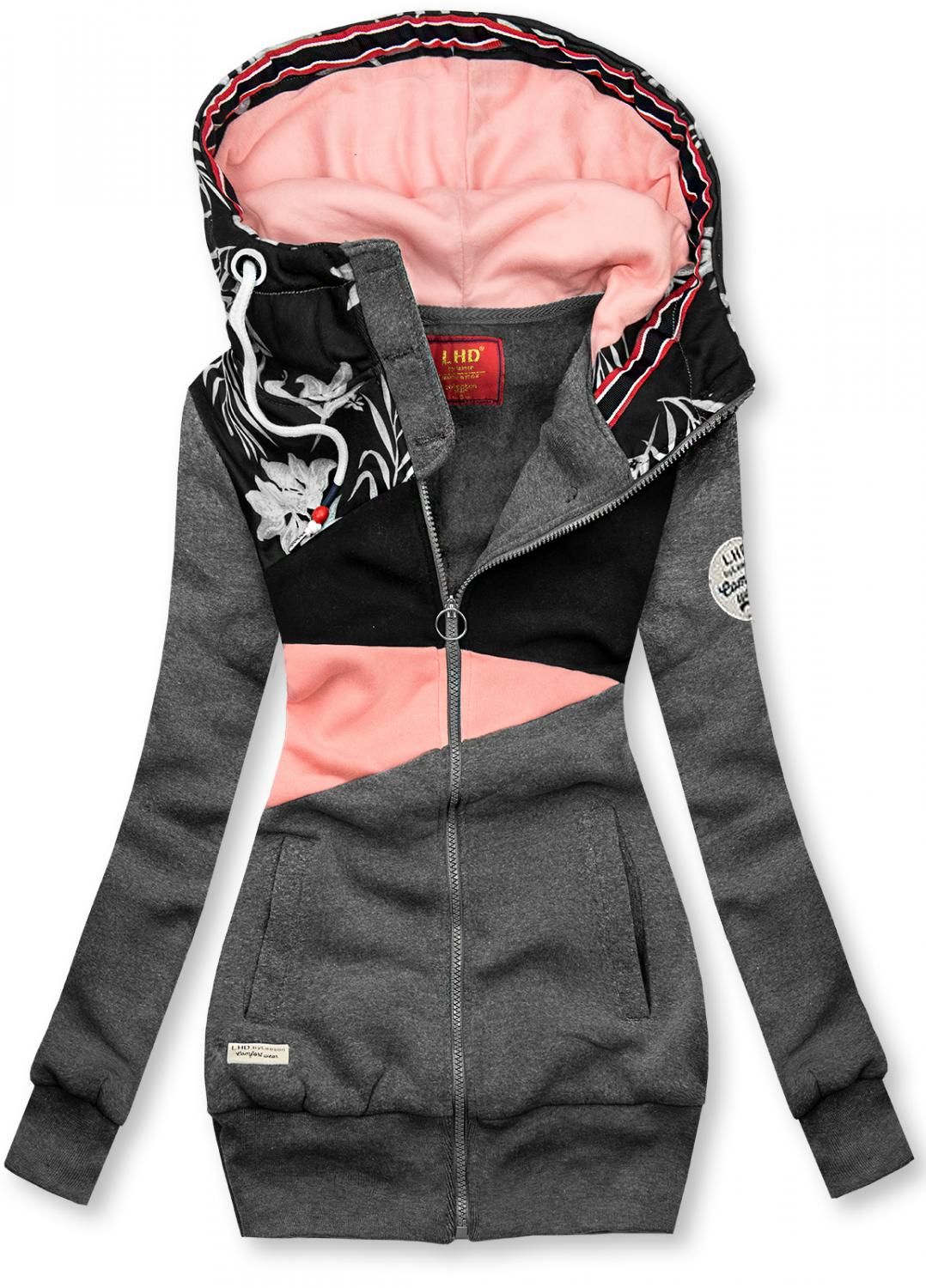 Grafitová prodloužená mikina s květinovým vzorem