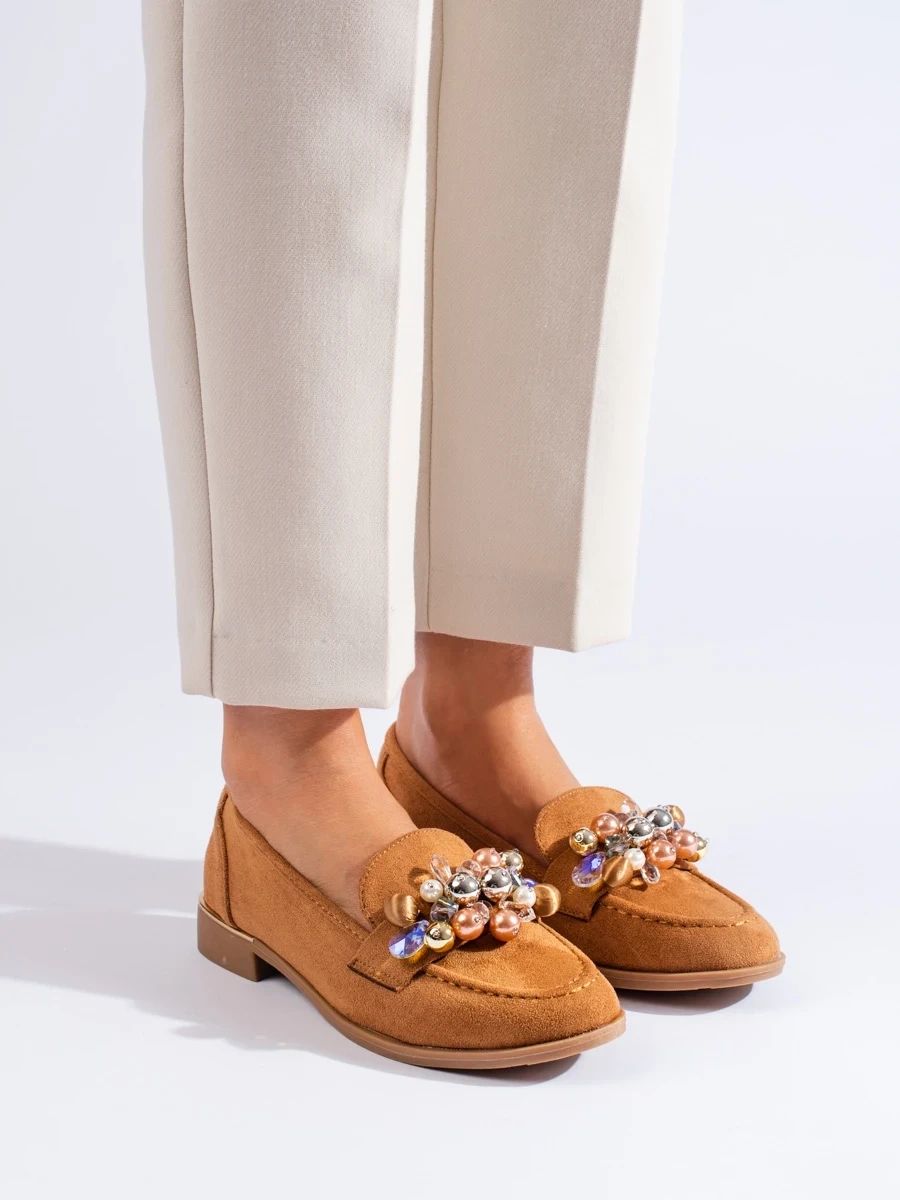 Mokasíny s krystalky v camel barvě