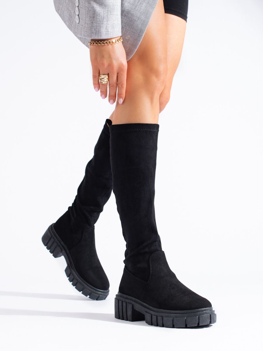 Vysoké semišové kozačky s hrubou podrážkou černé