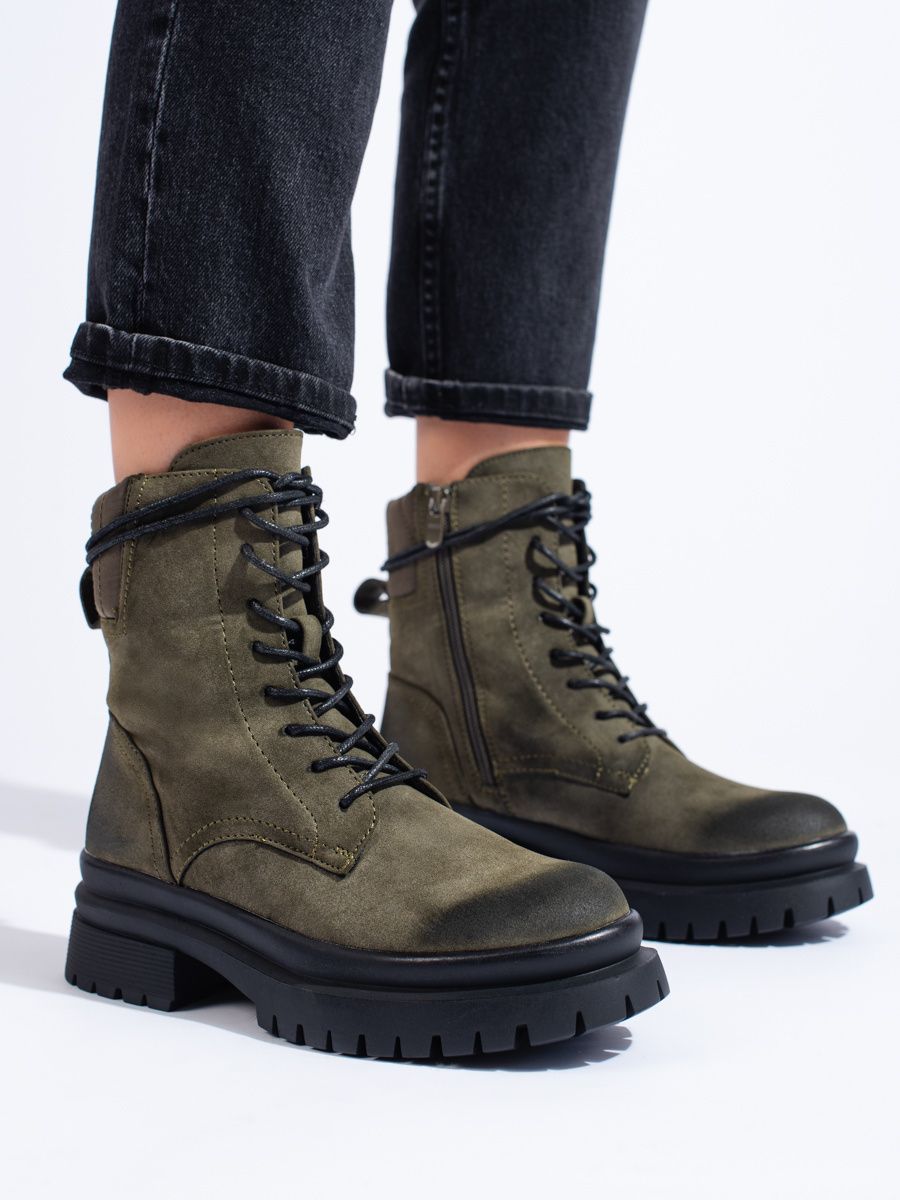 Khaki semišové dámské kozačky