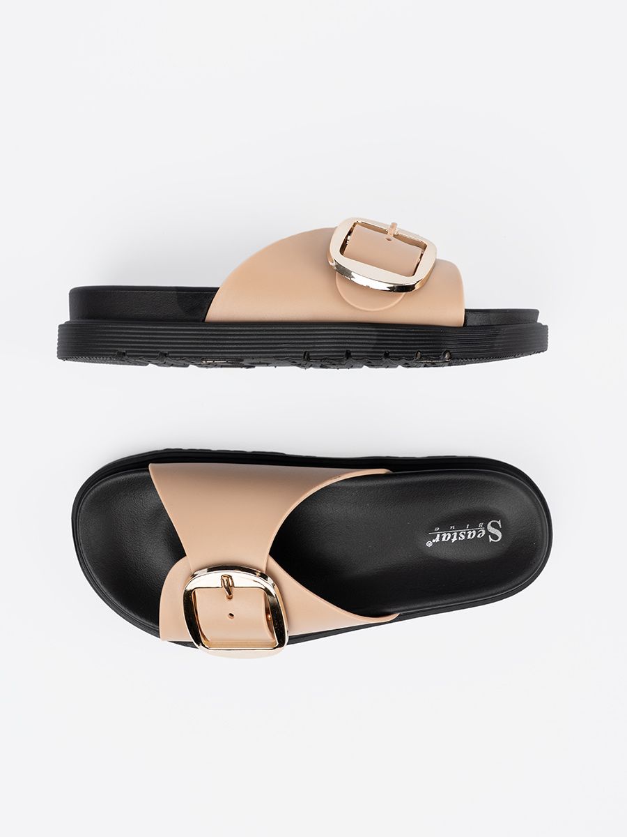 Béžové dámské pantofle se zlatou sponou