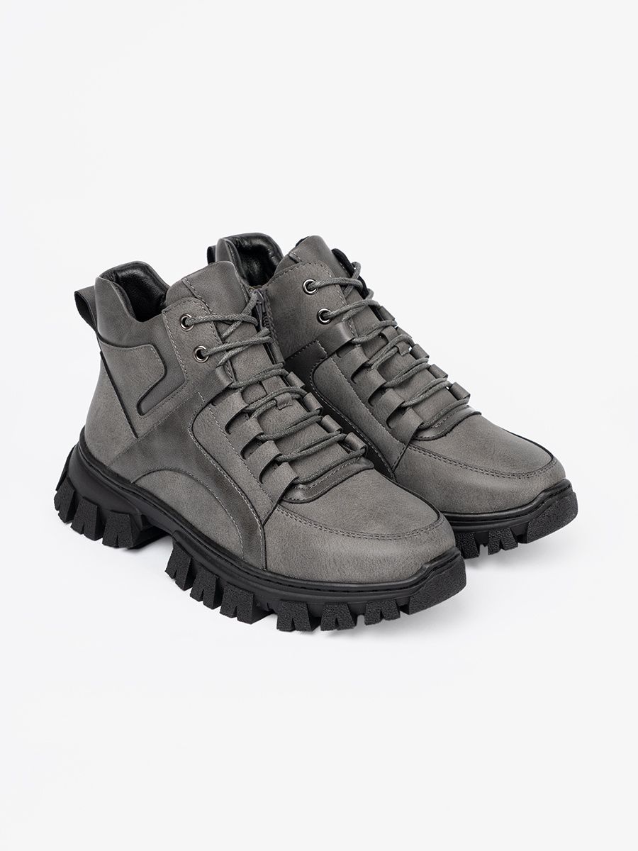 Šedé šněrovací kotníkové boty s hrubou podrážkou