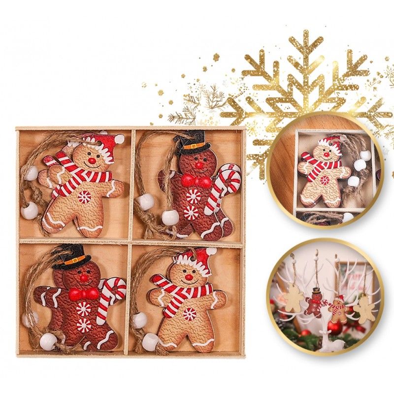 Sada 12 dřevěných ozdob na stromeček, perníčky