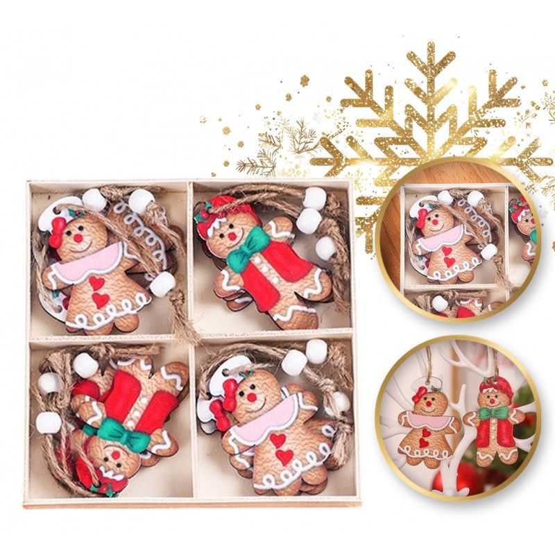 Sada 12 dřevěných ozdob na stromeček, vánoční perníčky