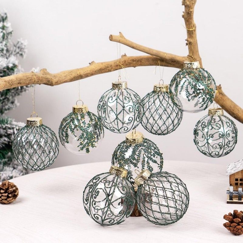 Ozdoby na stromeček zelená/transparentní, 8 cm, 9 kusů