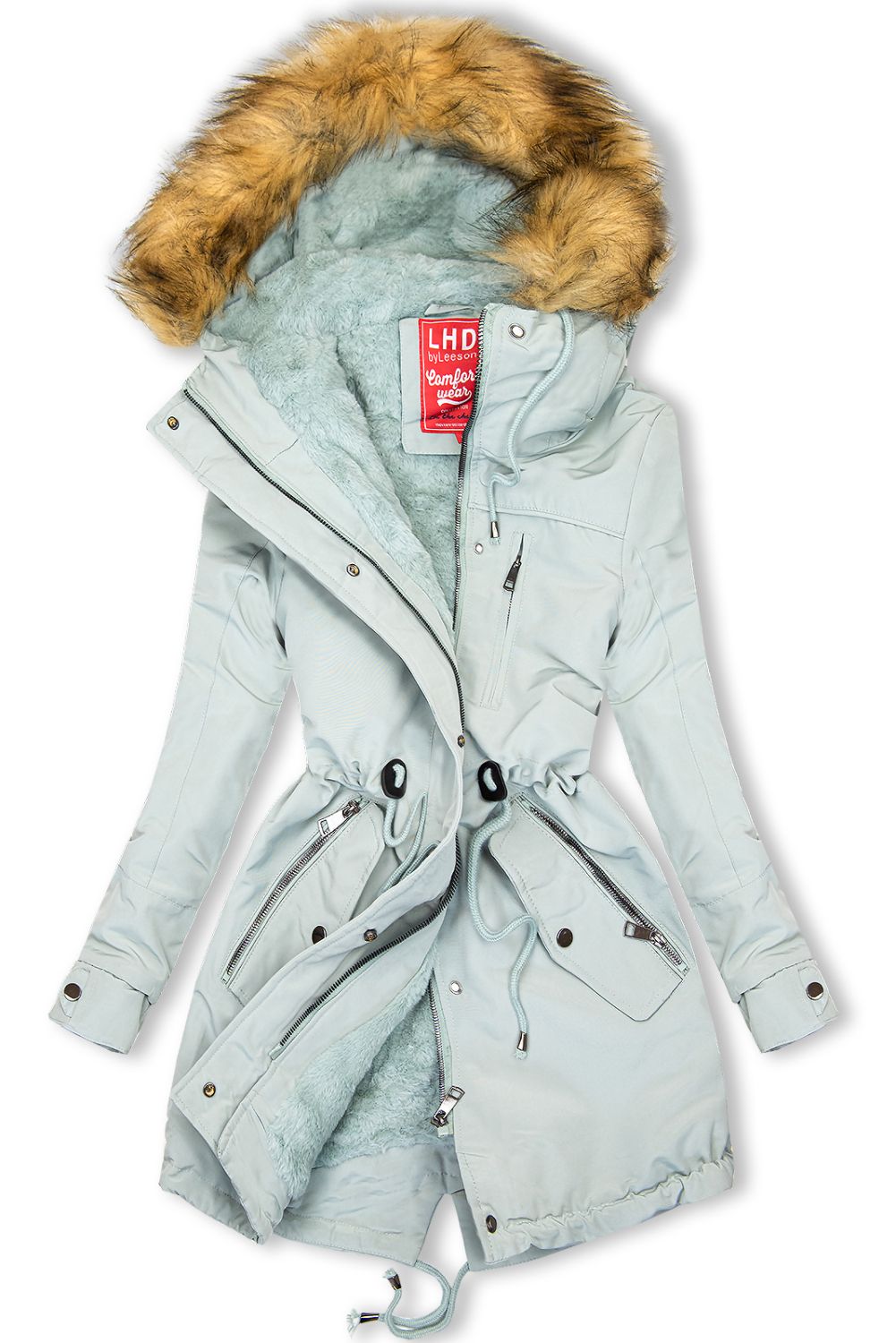 Nefritově zelená parka s kožešinou na kapuci