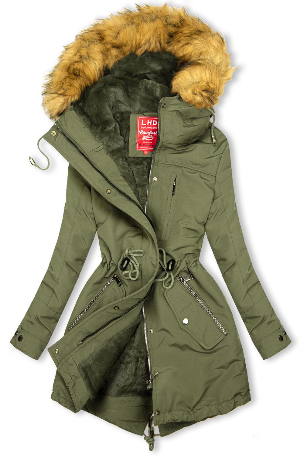 Olivově zelená parka s kožešinou na kapuci