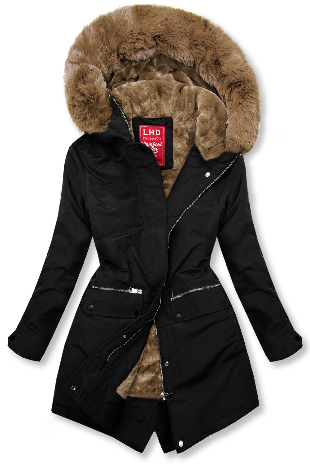 Černá parka s plyšem a kožešinou