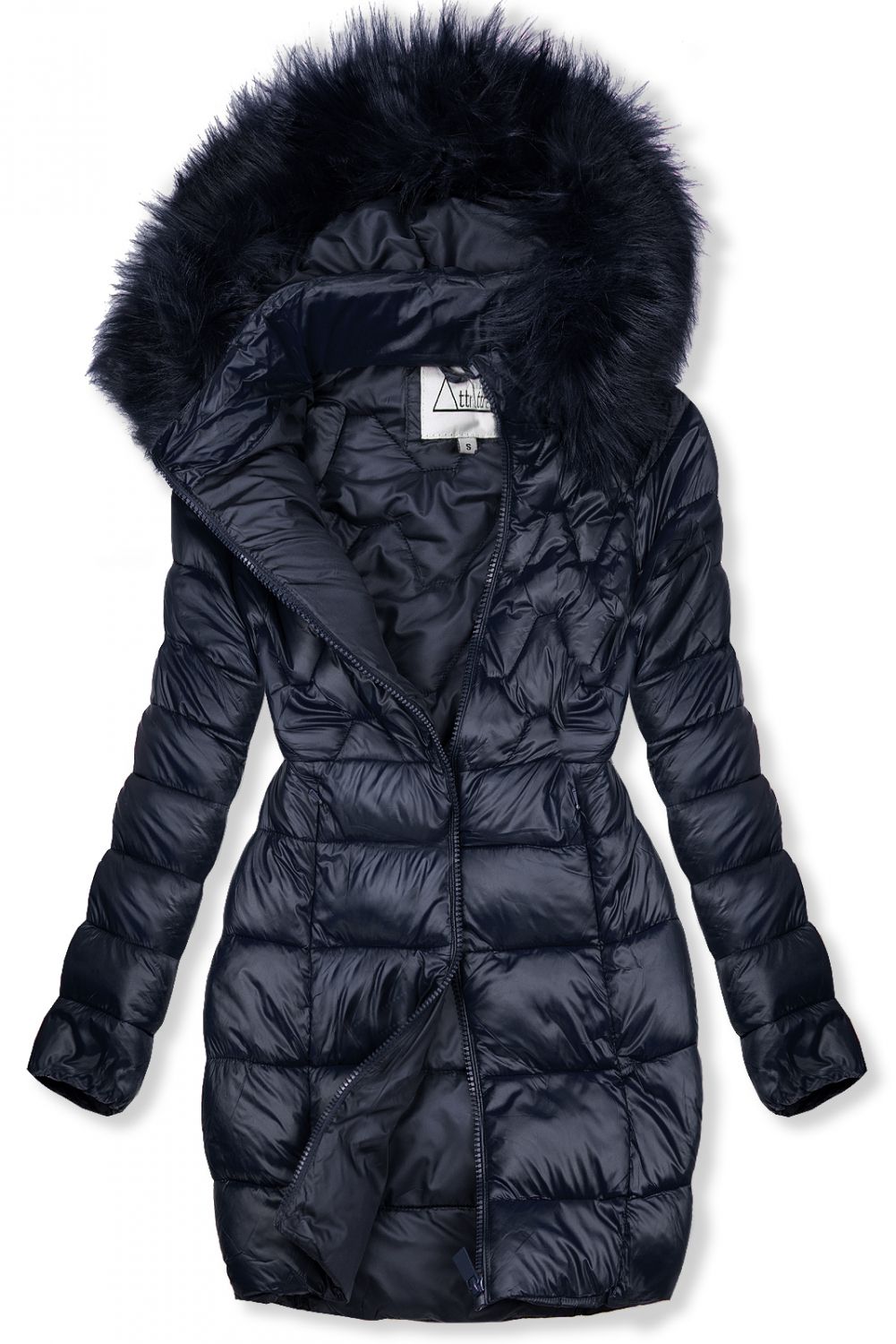 Tmavě modrá přechodná bunda s kapucí a kožešinou