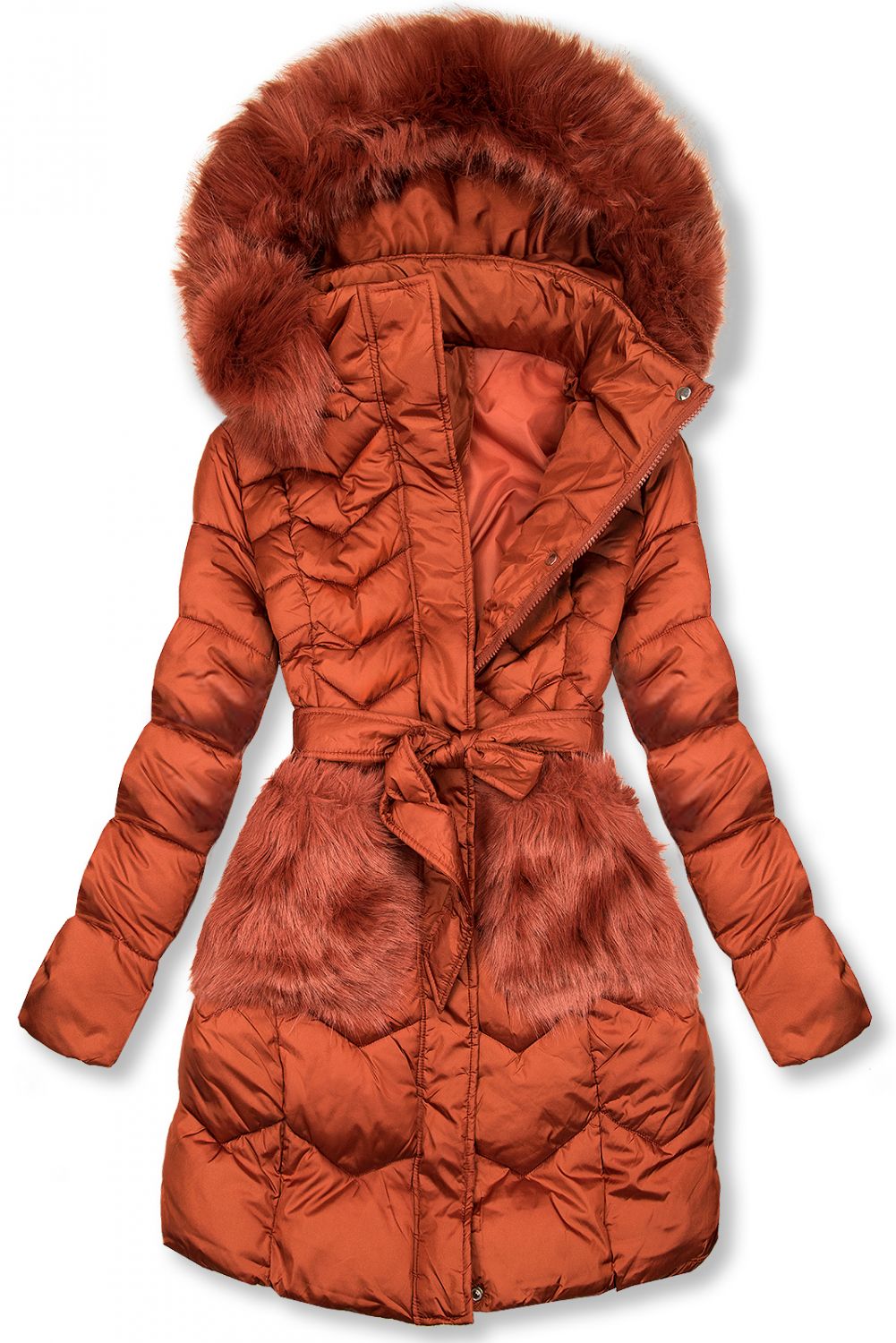 Zimní prošívaná bunda s páskem terakota