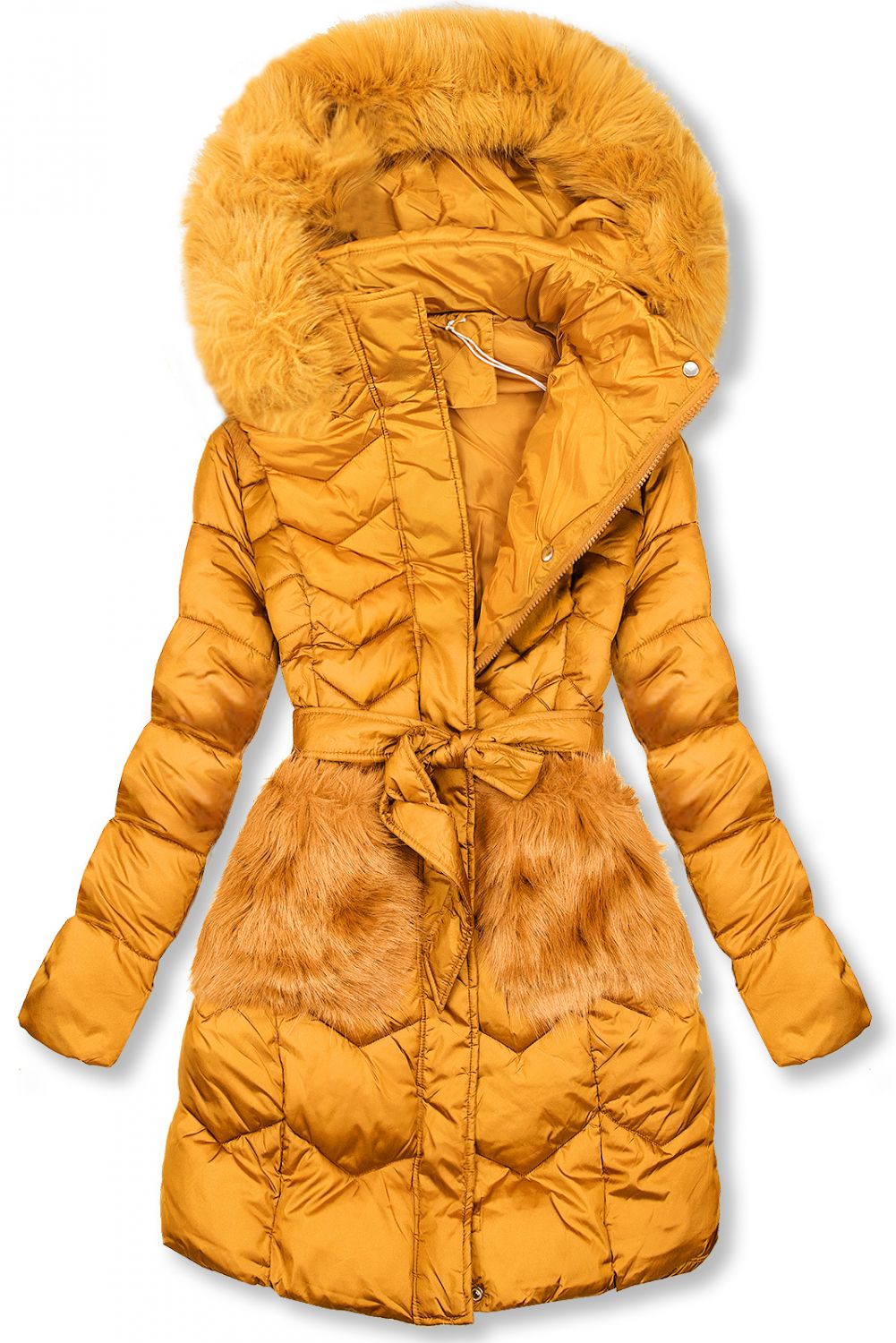 Zimní prošívaná bunda s páskem žlutá