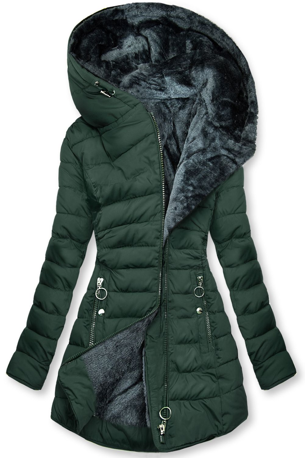 Tmavě zelená prošívaná bunda s plyšovou podšívkou