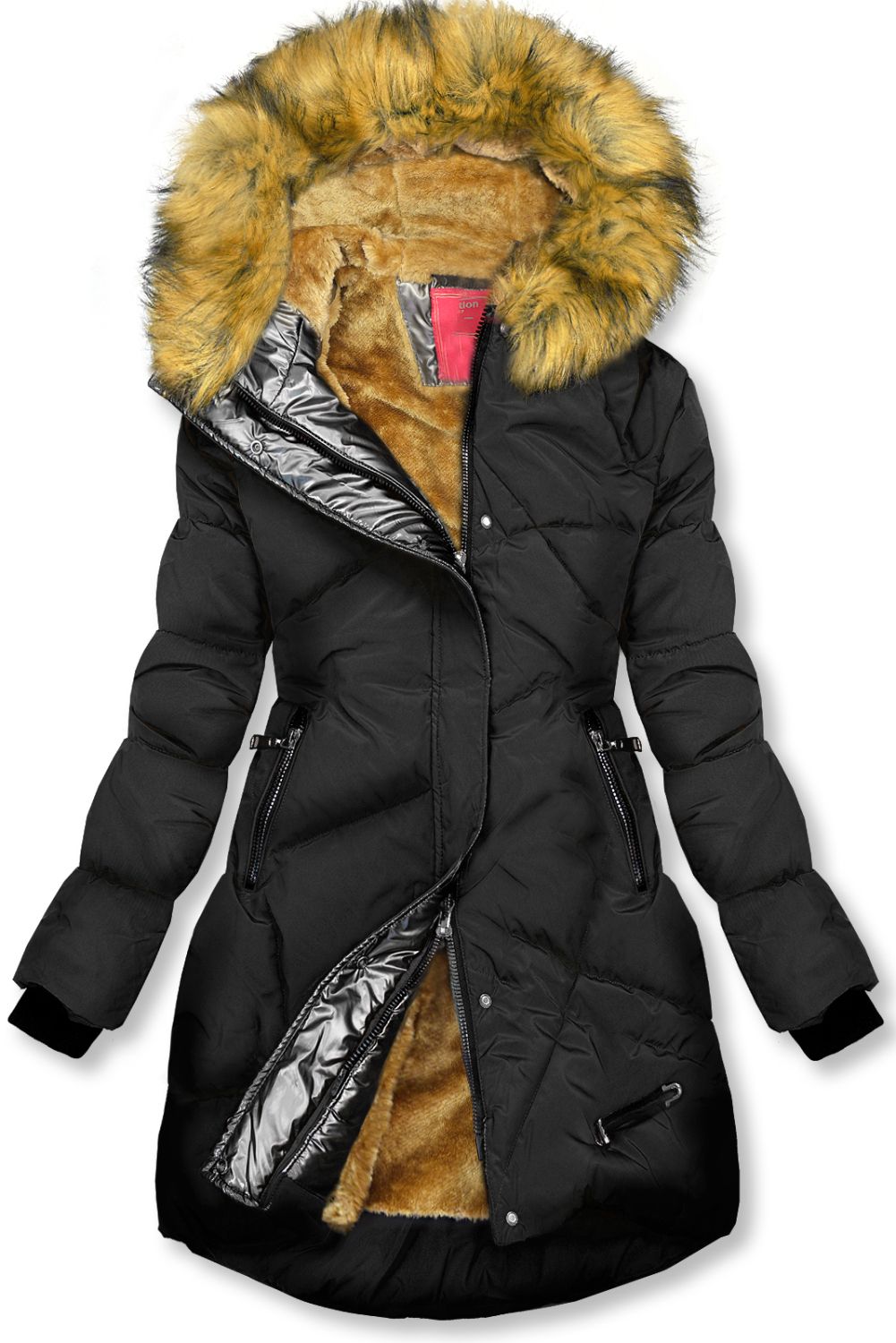 Černá/karamelová zimní bunda se stříbrným lemem