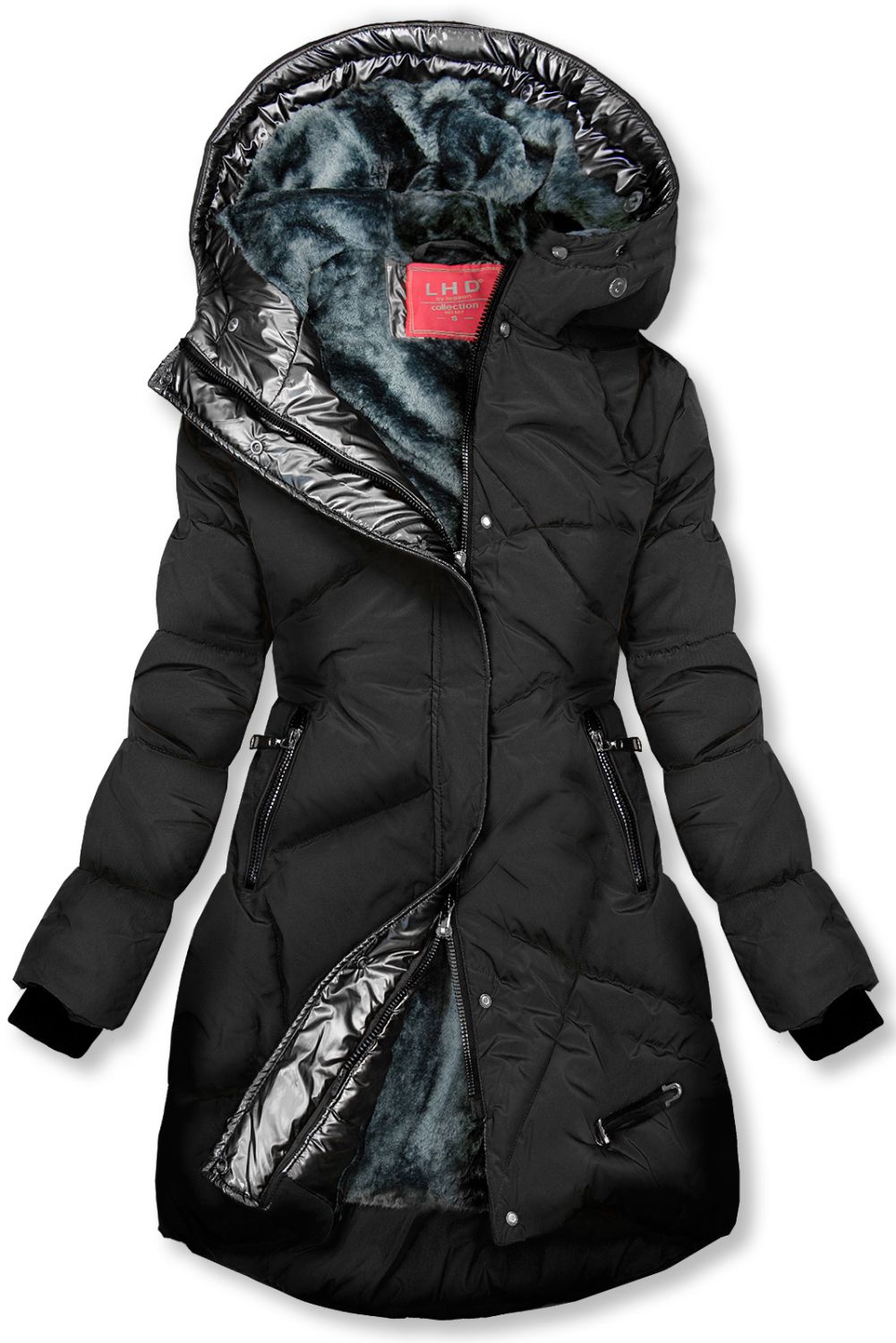 Černá/šedá zimní bunda se stříbrným lemem