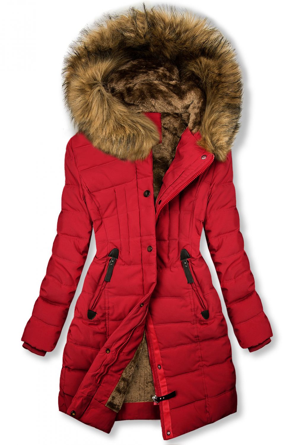 Červená zimní bunda s plyšem a kožešinou