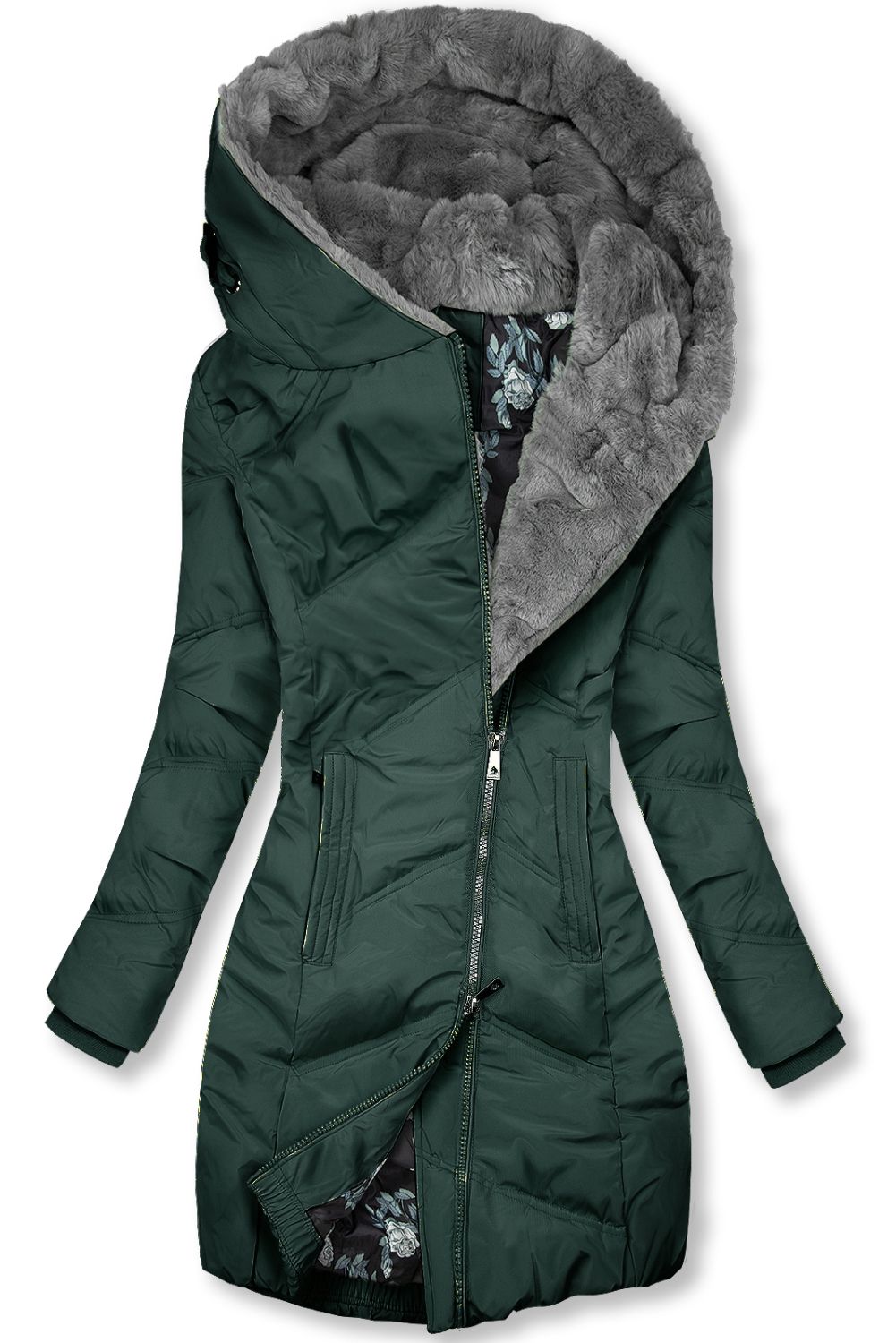 Zelená zimní bunda s květinovou podšívkou