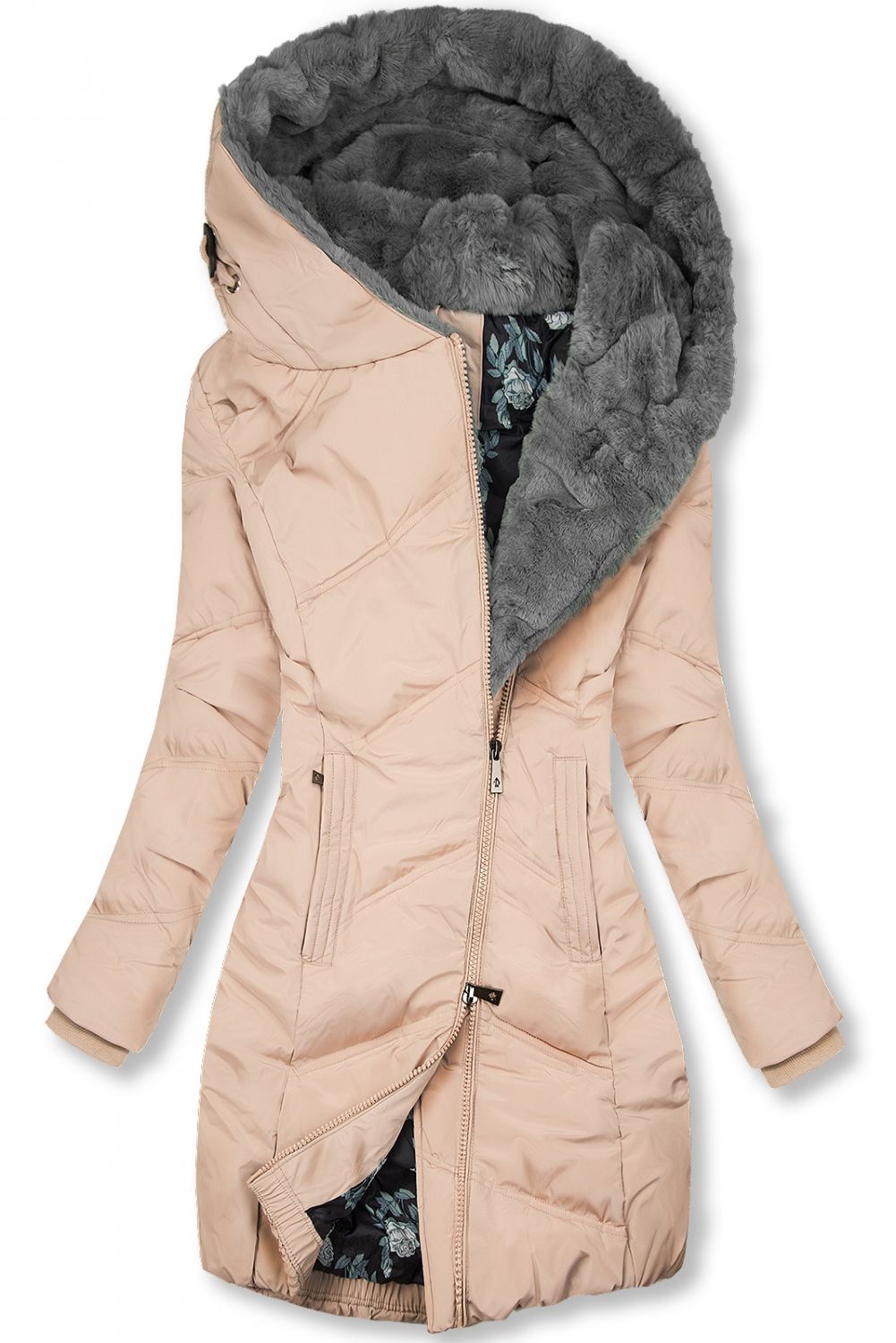 Pudrově růžová zimní bunda s květinovou podšívkou