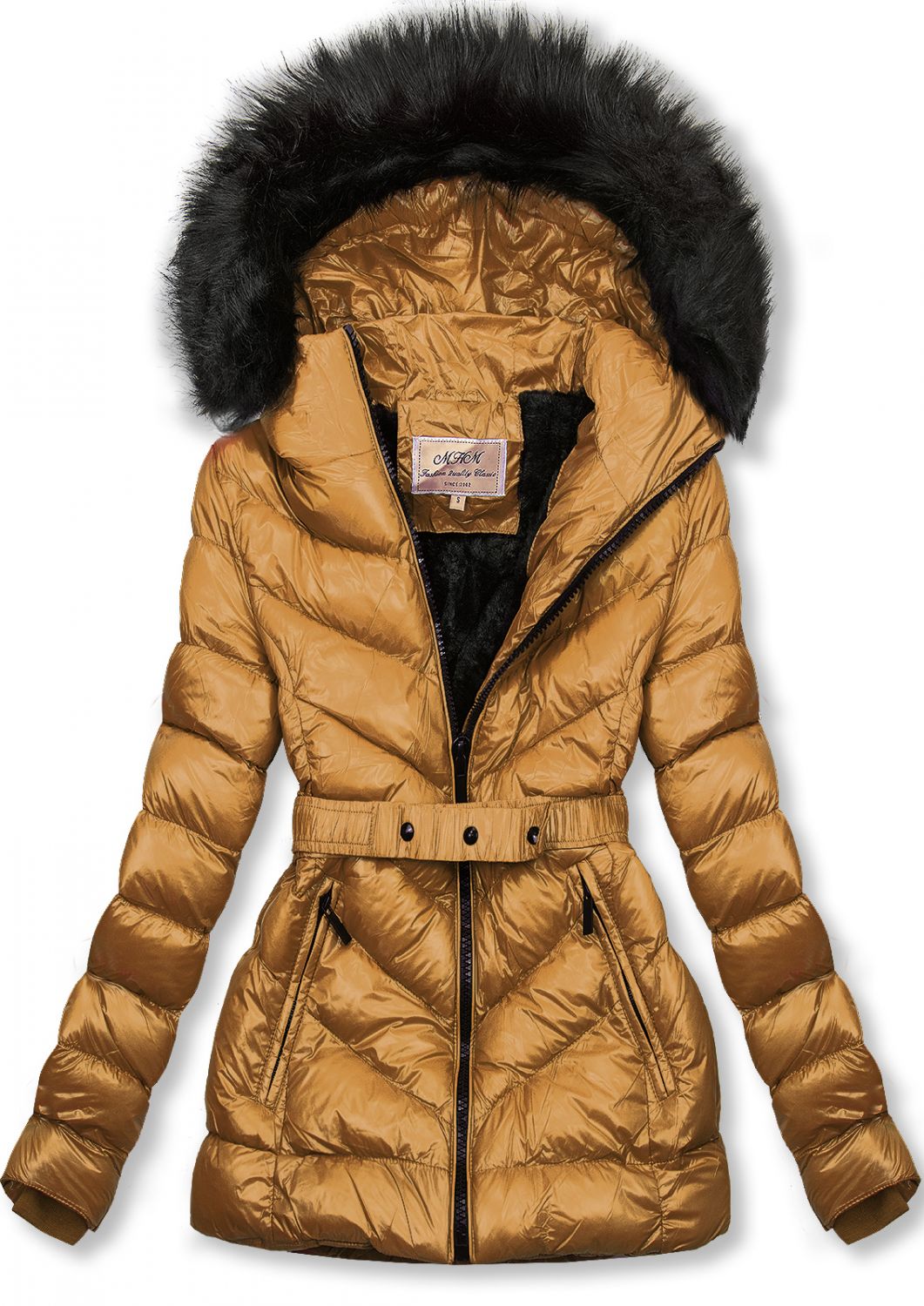 Karamelová zimní krátká bunda s černou kožešinou