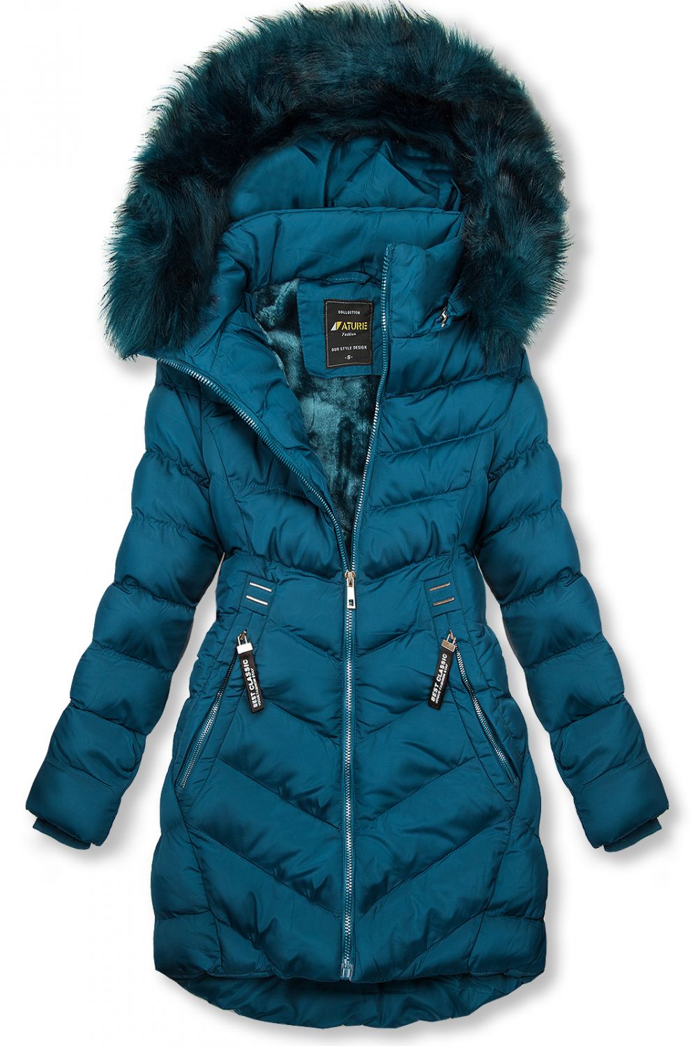 Petrolejově modrá zimní bunda s odnímatelnou kapucí