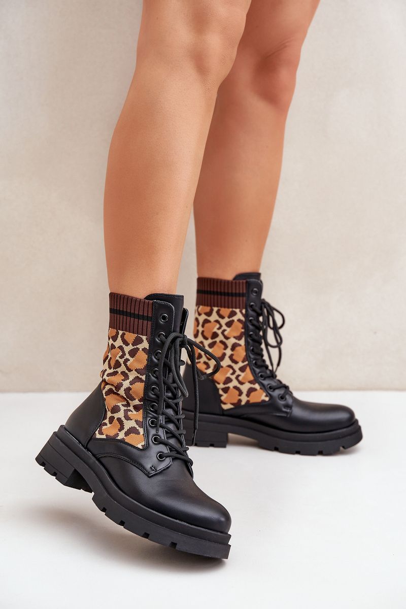 Kotníkové workery s leopardím vzorem, černé