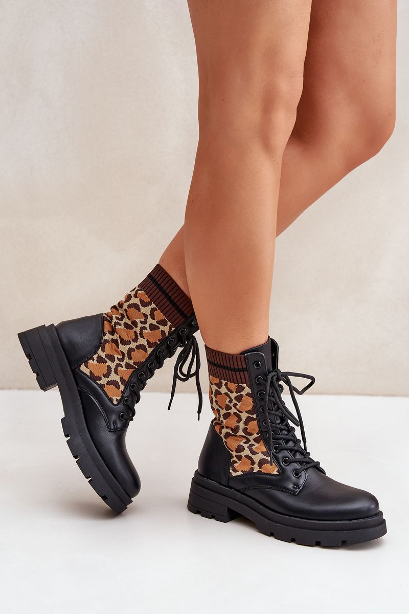 Kotníkové workery s leopardím vzorem, černé