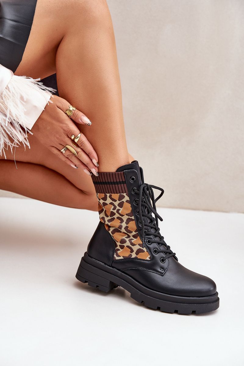 Kotníkové workery s leopardím vzorem, černé