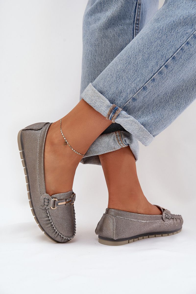 Brokátové ploché mokasíny z přírodní kůže, stříbrné