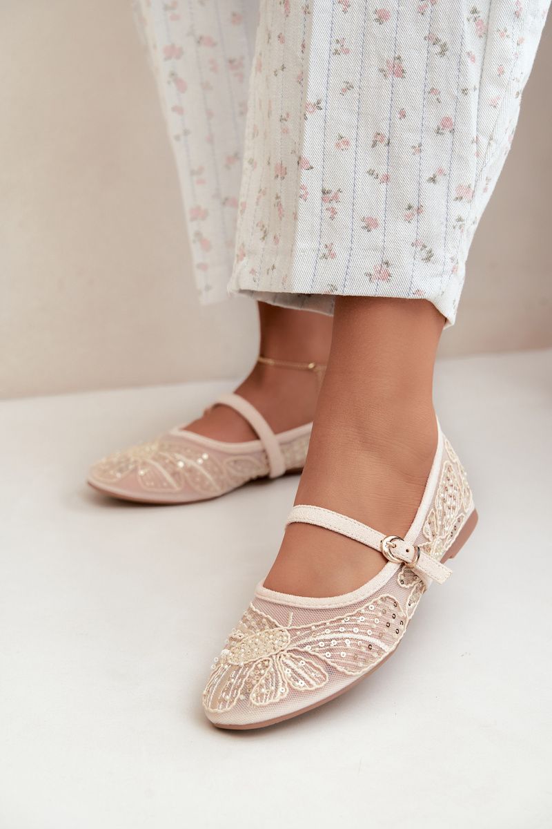 Síťované baleríny s výšivkou a flitry béžové
