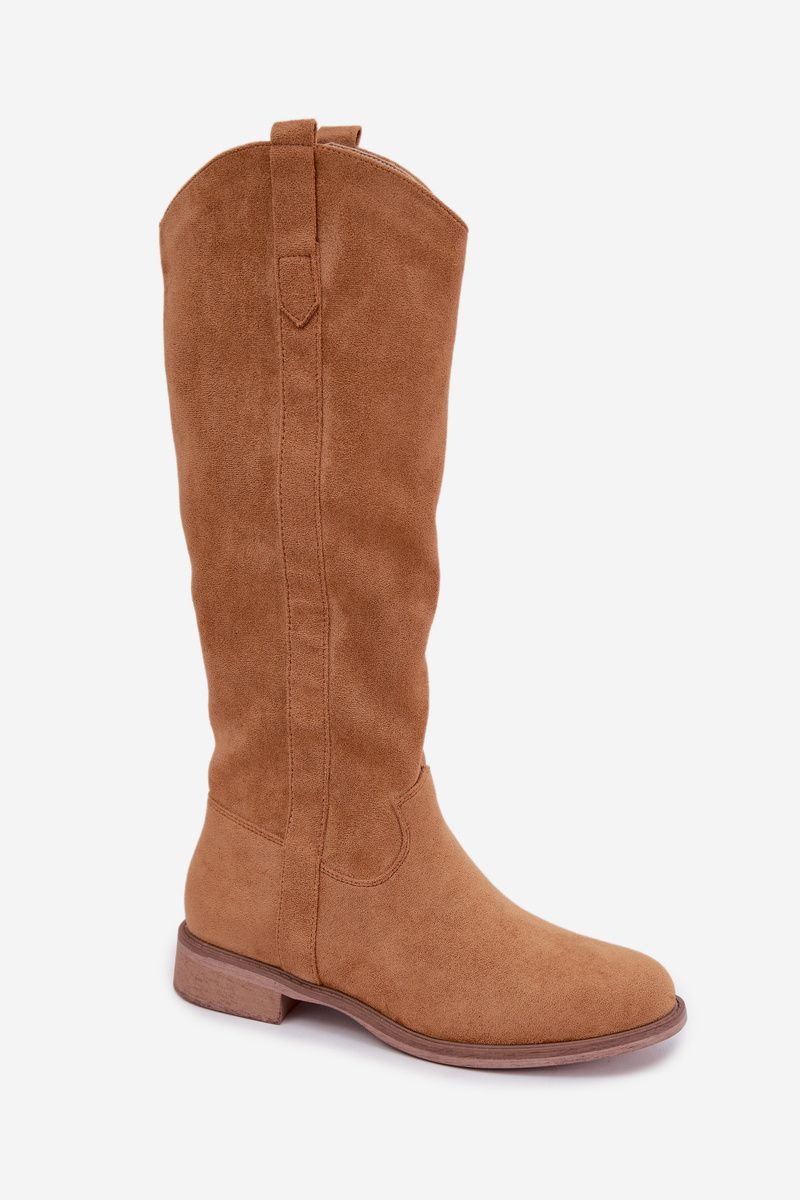 Semišové kozačky na plochém podpatku hnědé