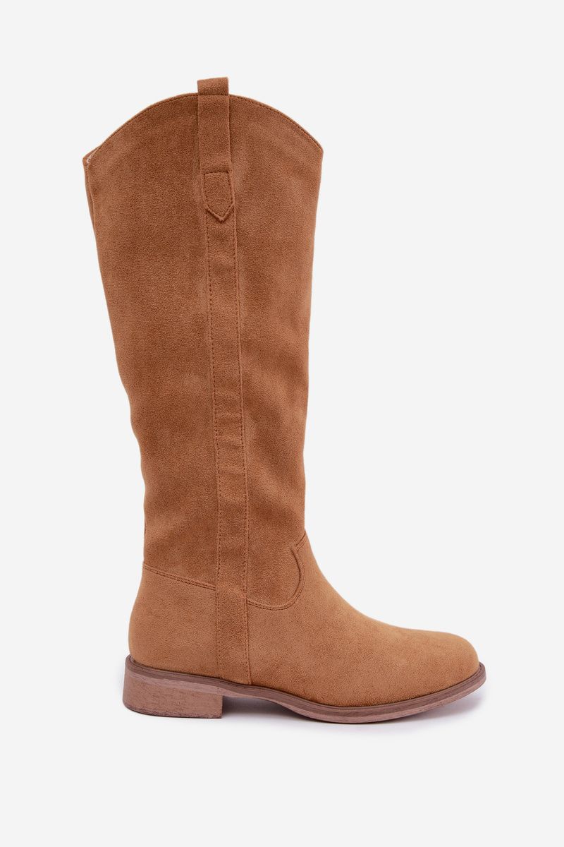 Semišové kozačky na plochém podpatku hnědé