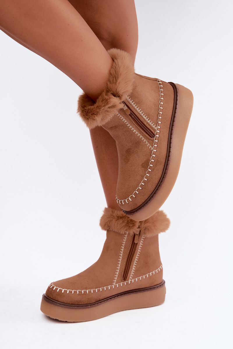 Sněhule s prošitím a kožíškem camel