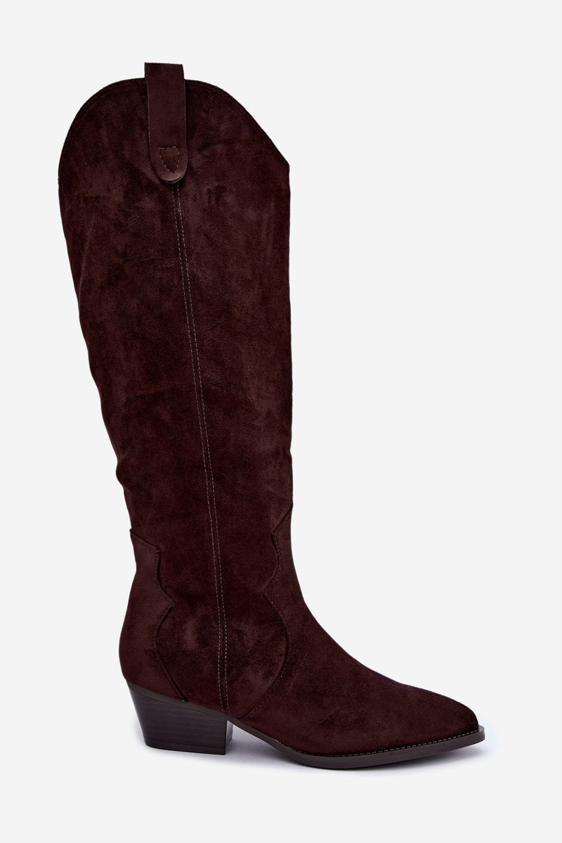 Zateplené hnědé kozačky nad kolena na podpatku z eko semiše