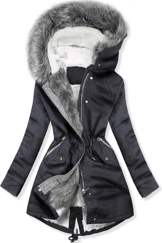 Šedá parka s kožešinovým lemem