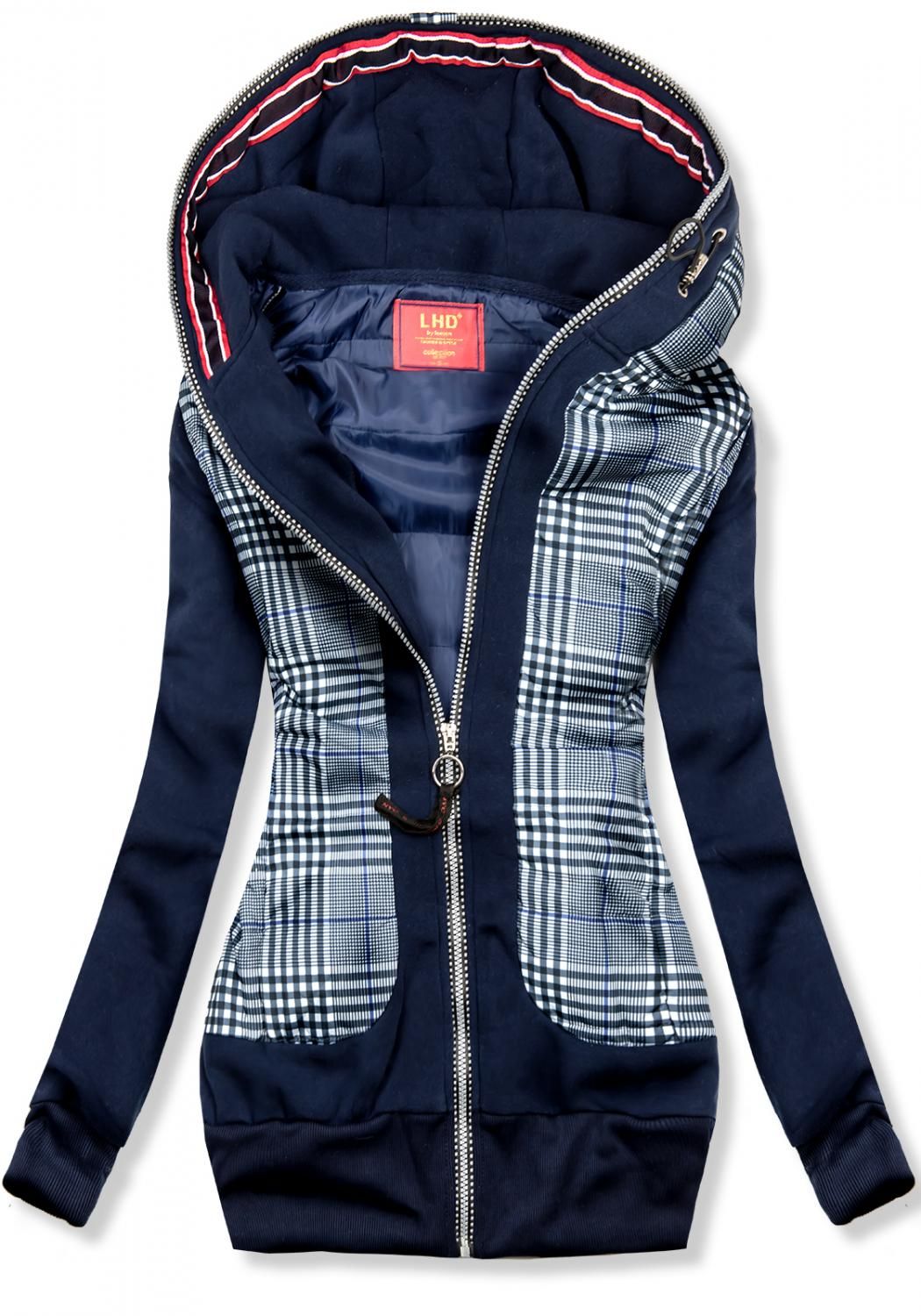 Tmavě modrá károvaná mikina ve sportovním stylu