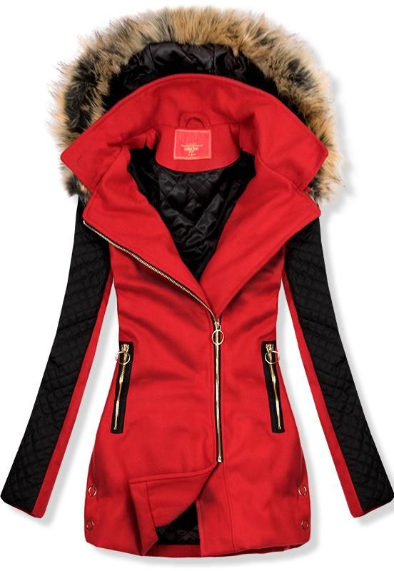 Červený kabát s prošívanými rukávy