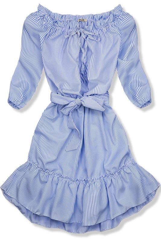 Svetlě modré pruhované off-shoulder šaty