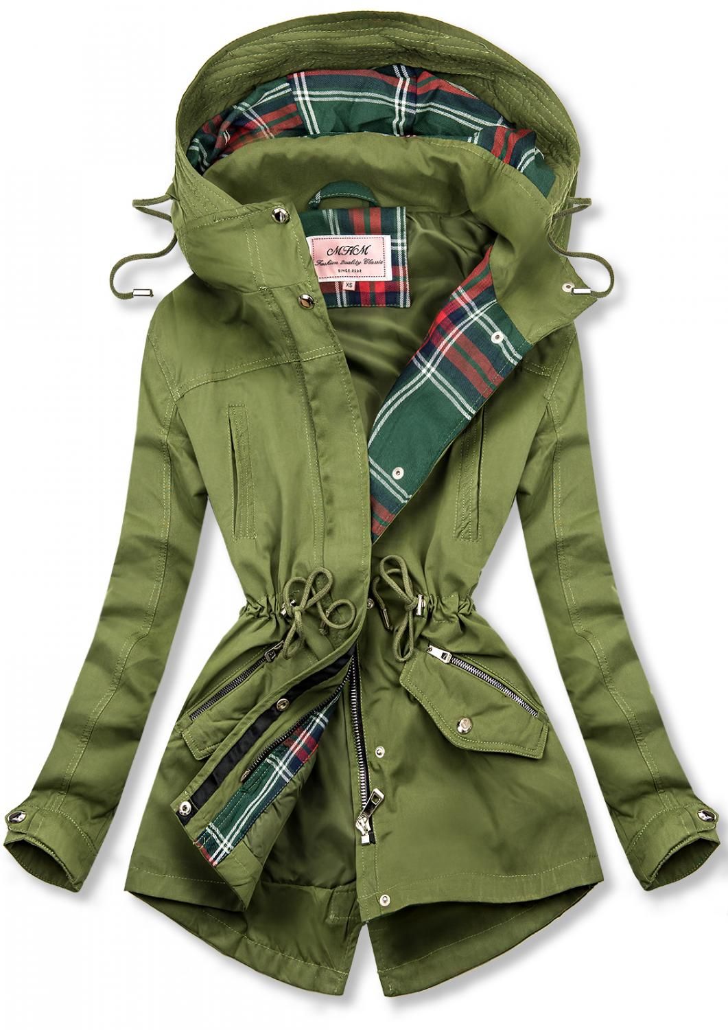 Zelená parka s károvanými detaily
