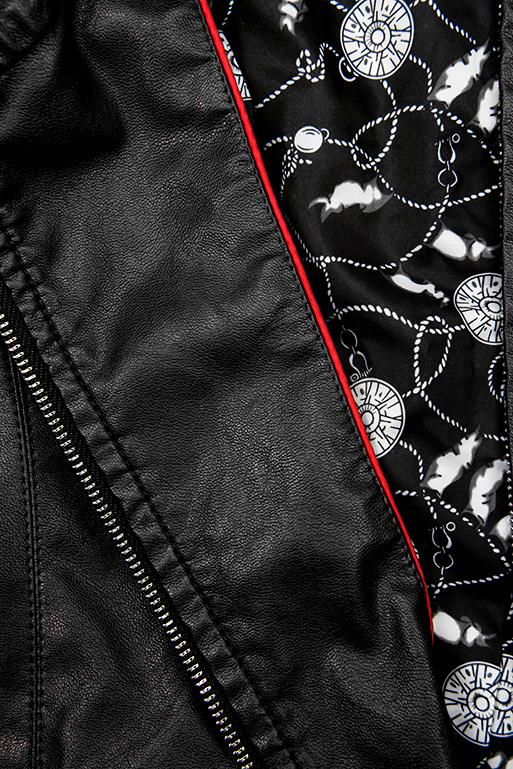 Černá koženková bunda se vzorovanou podšívkou