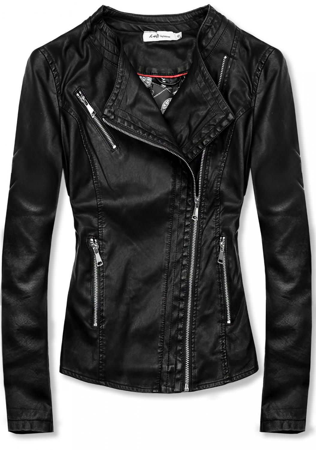 Černá koženková bunda se šikmým zipem