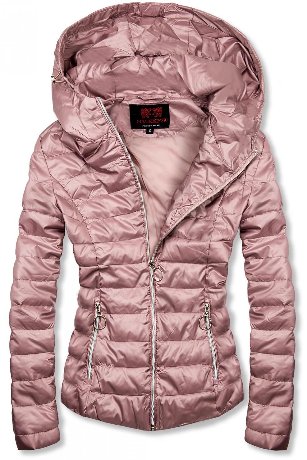 Růžová jarní prošívaná bunda s kapucí