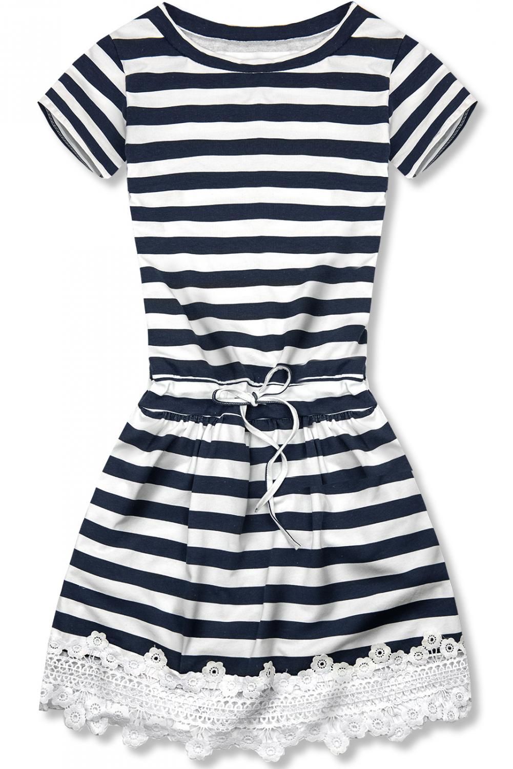 Modro-bílé pruhované šaty s krajkou I.