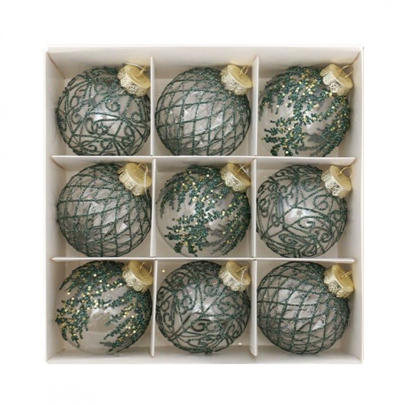 Ozdoby na stromeček zelená/transparentní, 8 cm, 9 kusů