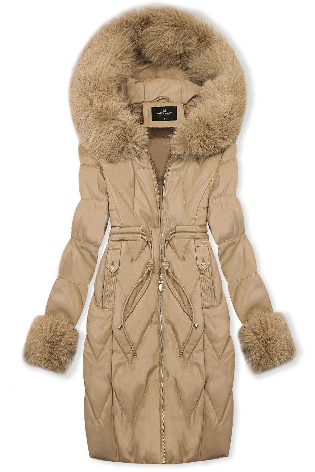 Zimní koženkový kabát s umělou kožešinou, béžový