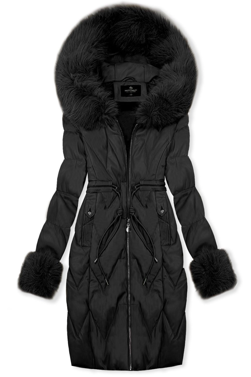 Zimní koženkový kabát s umělou kožešinou, černý