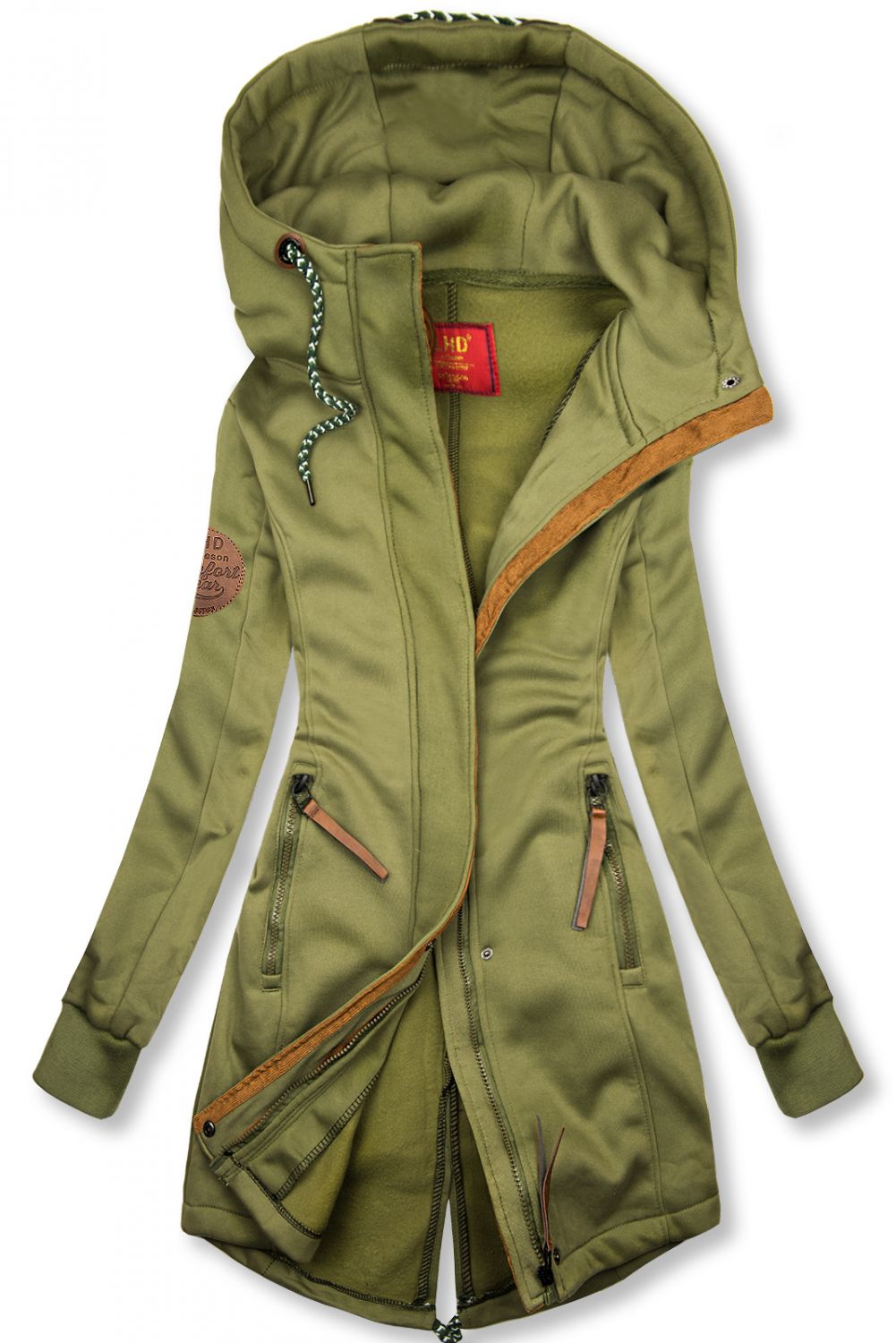 Khaki mikina s kapucí v prodlouženém střihu