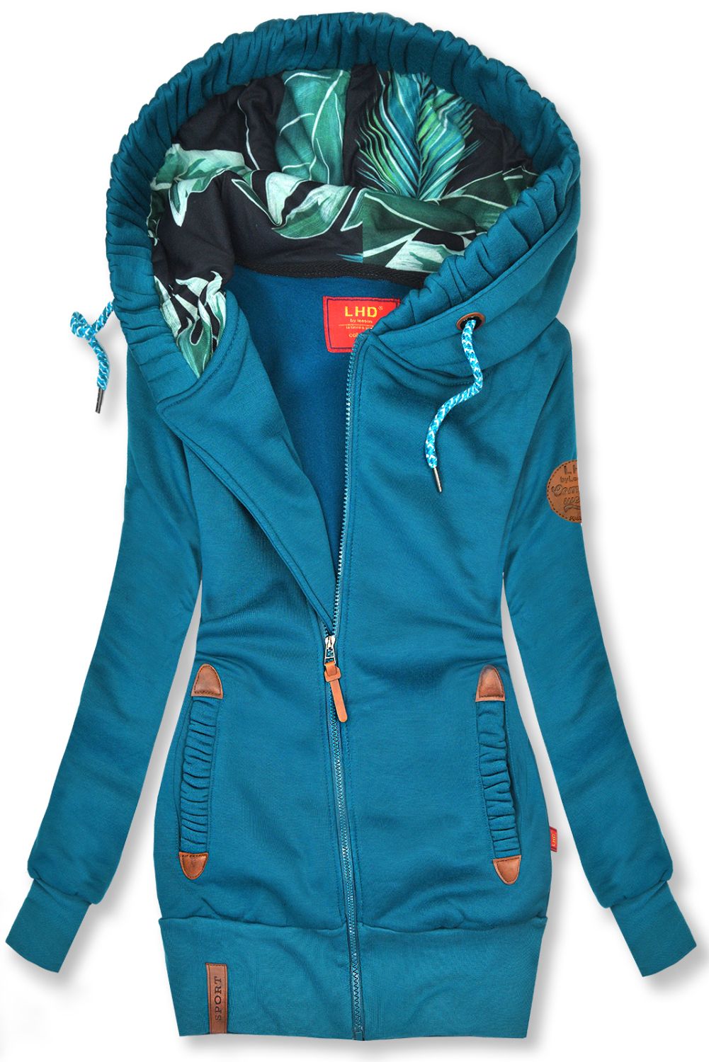 Tyrkysová mikina s barevnou podšívkou v kapuci