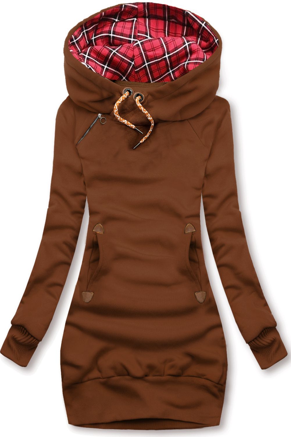 Hnědá dlouhá mikina s károvanou kapucí