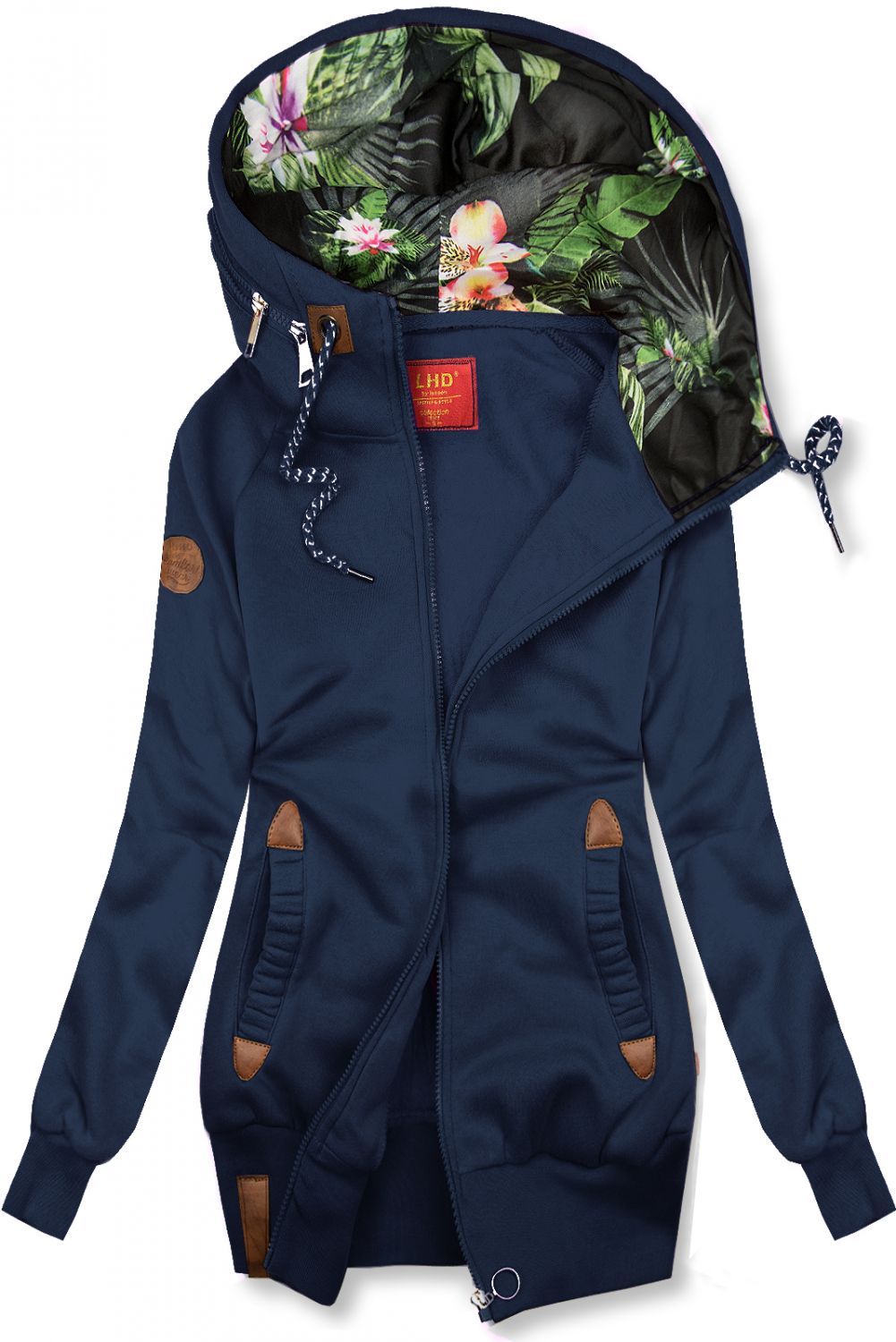 Tmavě modrá prodloužená mikina s kapucí