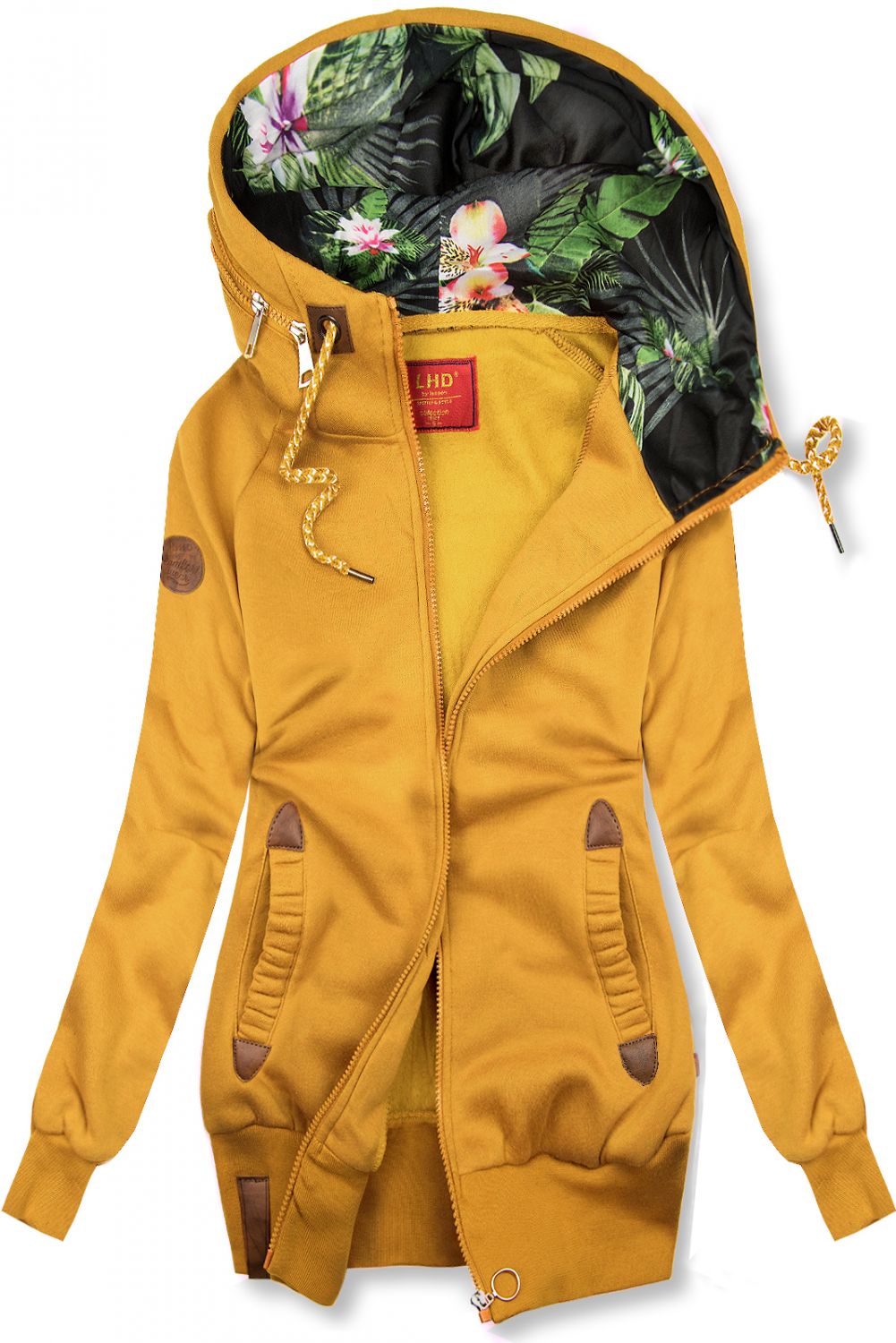 Žlutá prodloužená mikina s kapucí