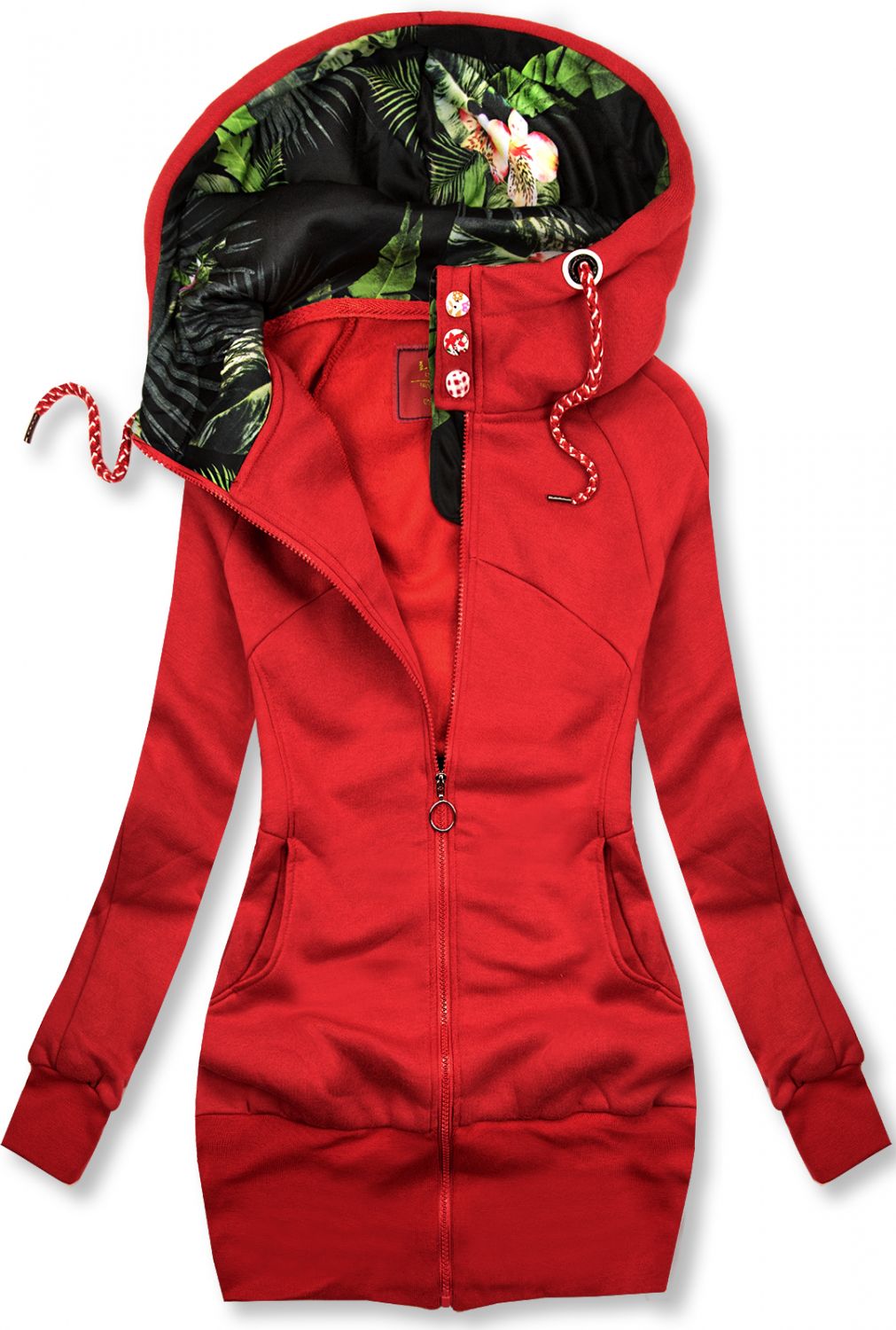 Červená mikina s květinovým futrem v kapuci